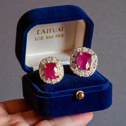 Natural unheated Burmese rubies (1.5CT) and natural diamond earrings in 20K solid gold