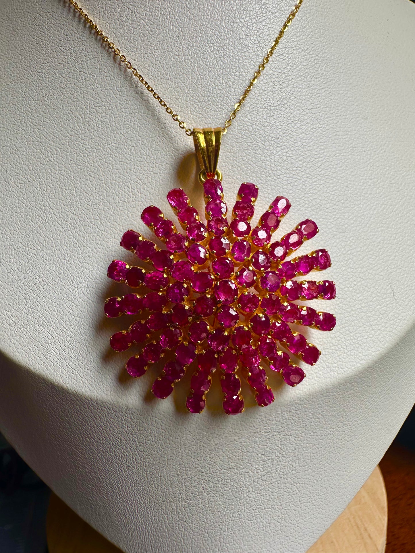 Majestic Natural Unheated Burmese Rubies Sunburst Pendant in 20K Solid Gold