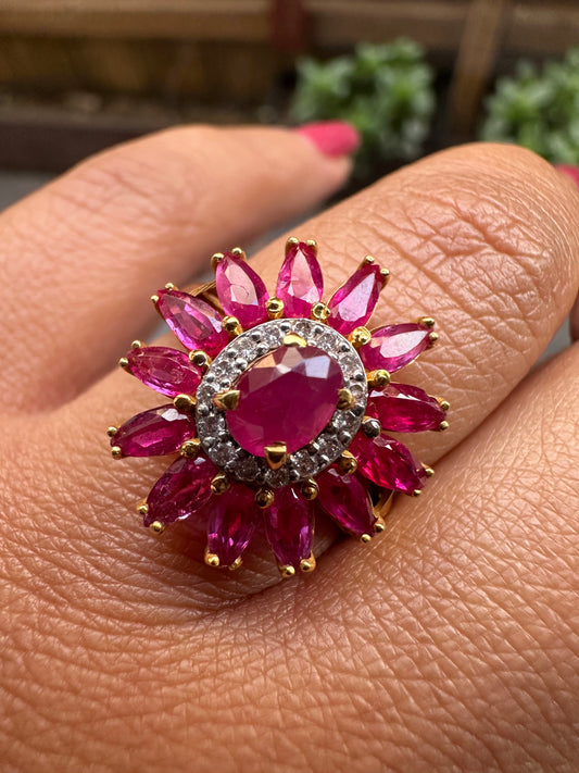 Vintage Sunflower Design Burmese Natural Unheated Ruby (2.65CT) and Diamonds Ring in 20K Solid Gold