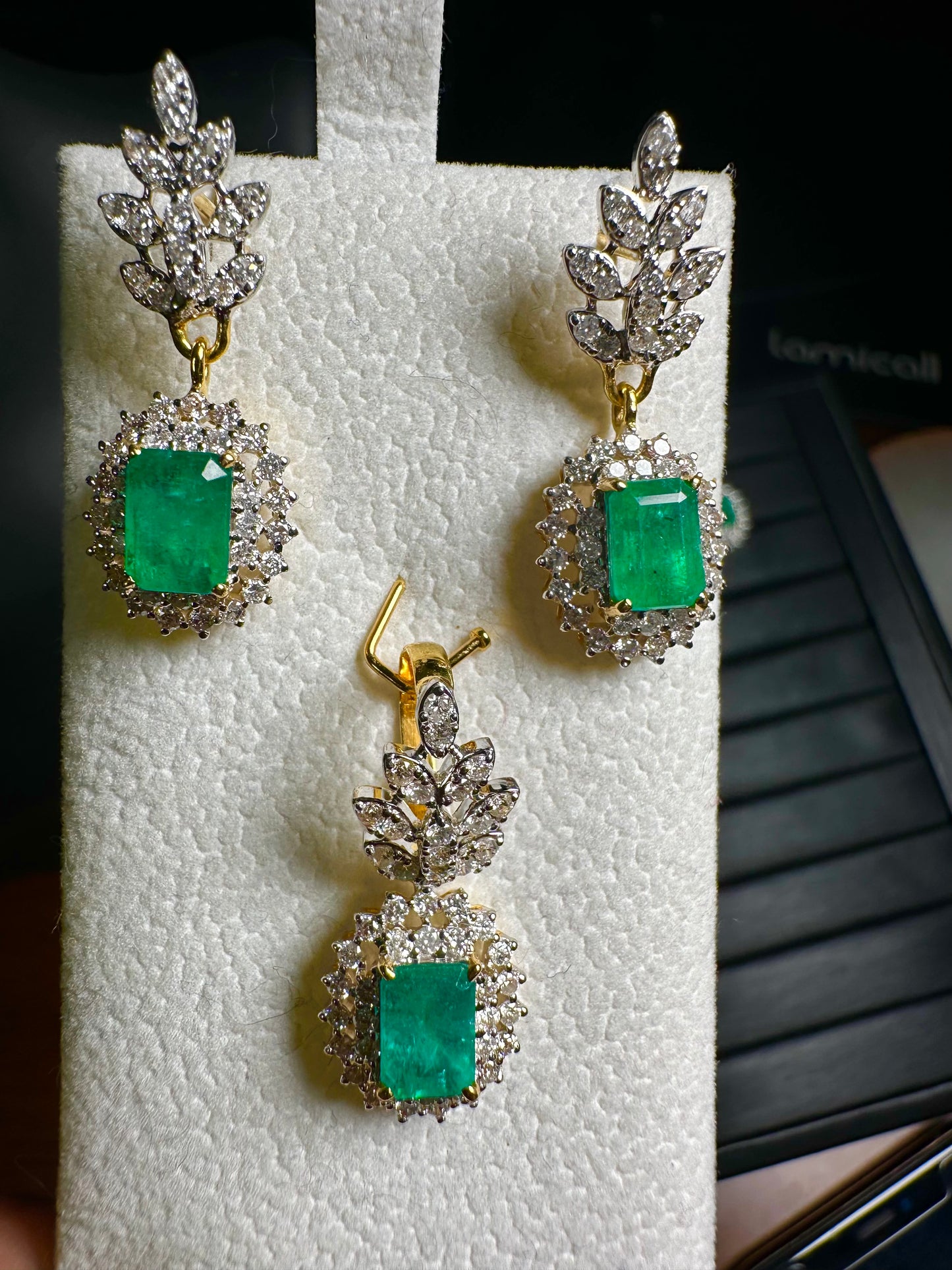 Emerald Cut Natural Emerald and Natural Diamonds Earrings and Pendant Set in 18K Solid Gold