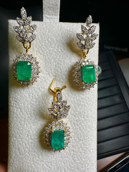 Emerald Cut Natural Emerald and Natural Diamonds Earrings and Pendant Set in 18K Solid Gold