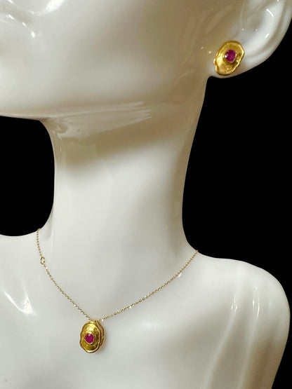 Hand-Hammered Artistic Gold and Natural Unheated Burmese Ruby Trio Set