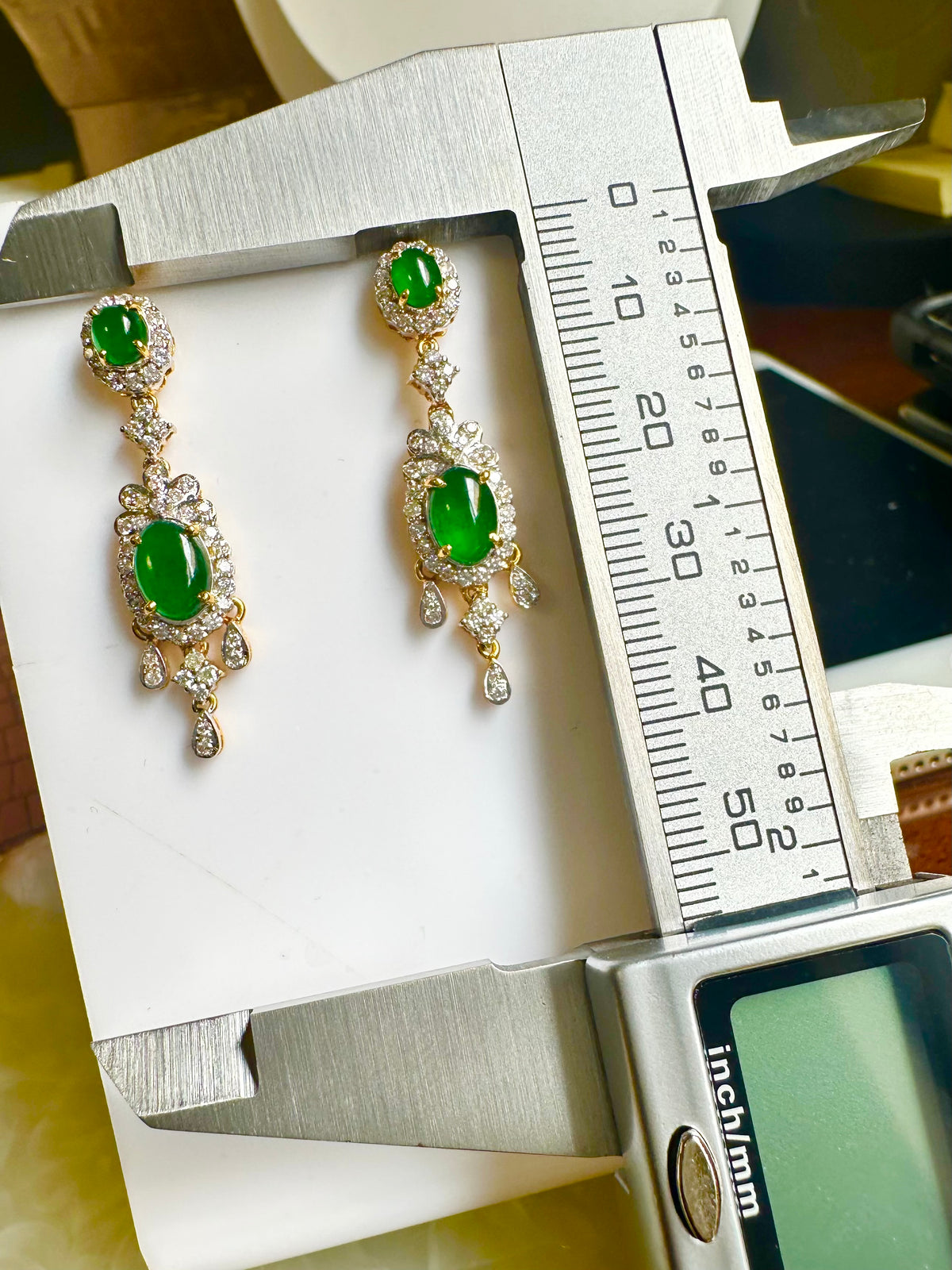 Two Step Drop Earrings Natural Untreated Burmese Jadeite with Diamonds