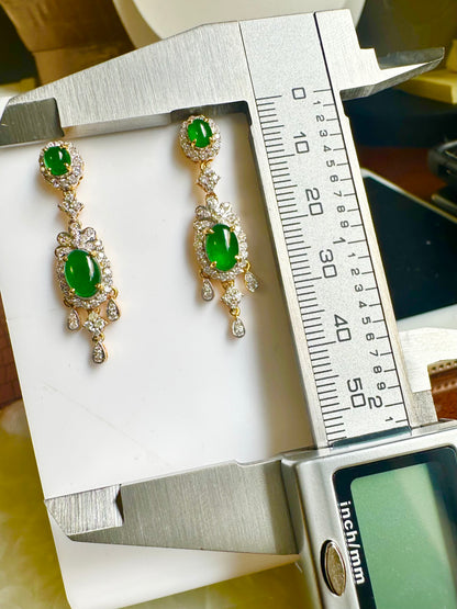 Two Step Drop Earrings Natural Untreated Burmese Jadeite with Diamonds