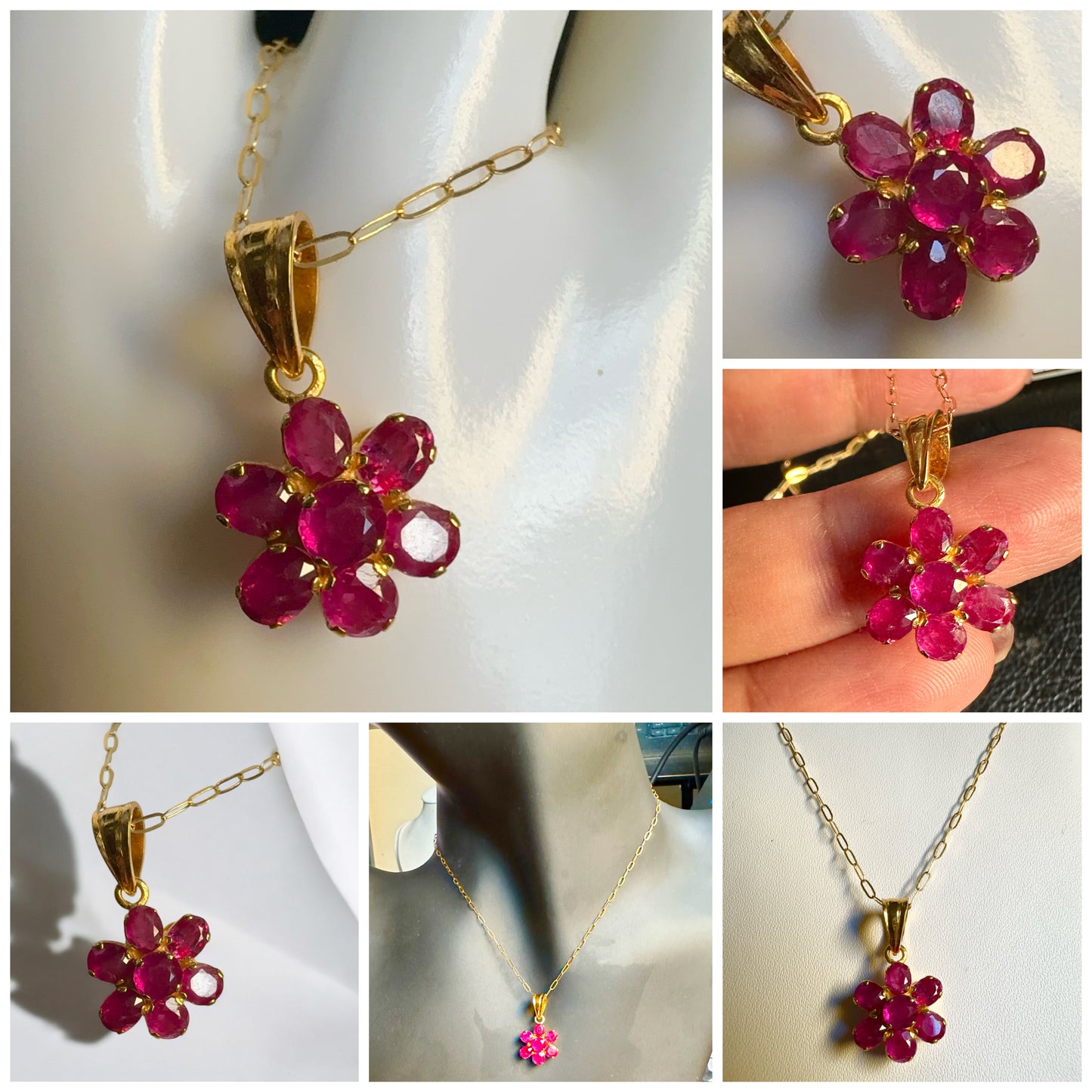 Flower Pendant with Natural Unheated Burmese Rubies in Solid Gold Chain.