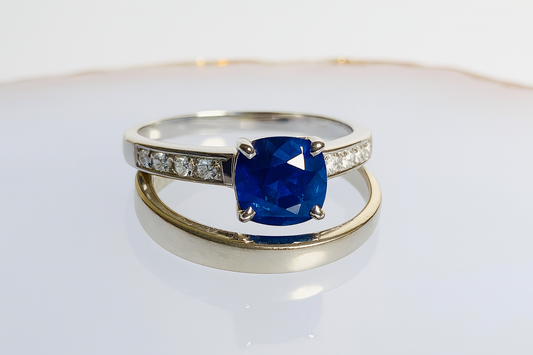 Burmese Natural Unheated Sapphire and Natural Diamonds Ring in 20K Solid White Gold