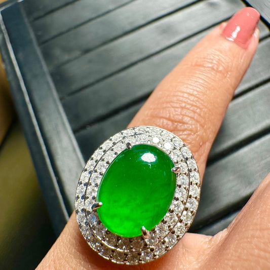 Natural Unheated Burmese Jadeite Jade (Type A) set with Double Halo Natural Diamonds in 18K Solid Gold.