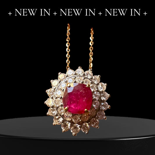 Two Halo Brilliance: Natural Diamonds & Natural Unheated Burmese Ruby (1CT) Pendant with Solid Gold Chain