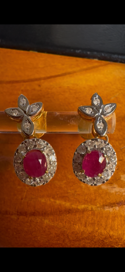 Natural unheated Burmese rubies (1.55CT) and natural diamond drop earrings in 20K solid gold
