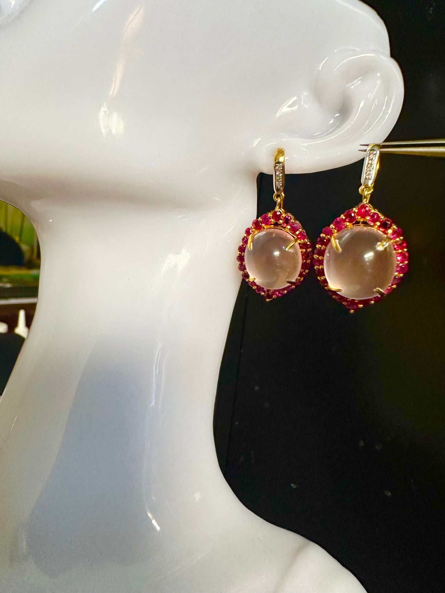 Elegant Rose Quartz & Ruby Earrings • Diamond Accented • 20ct Gold