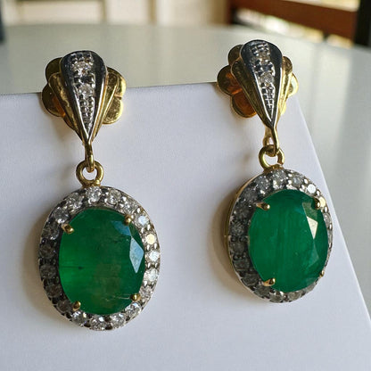 Timeless Natural Emerald & Diamond Dangle Earrings in 20K Solid Gold