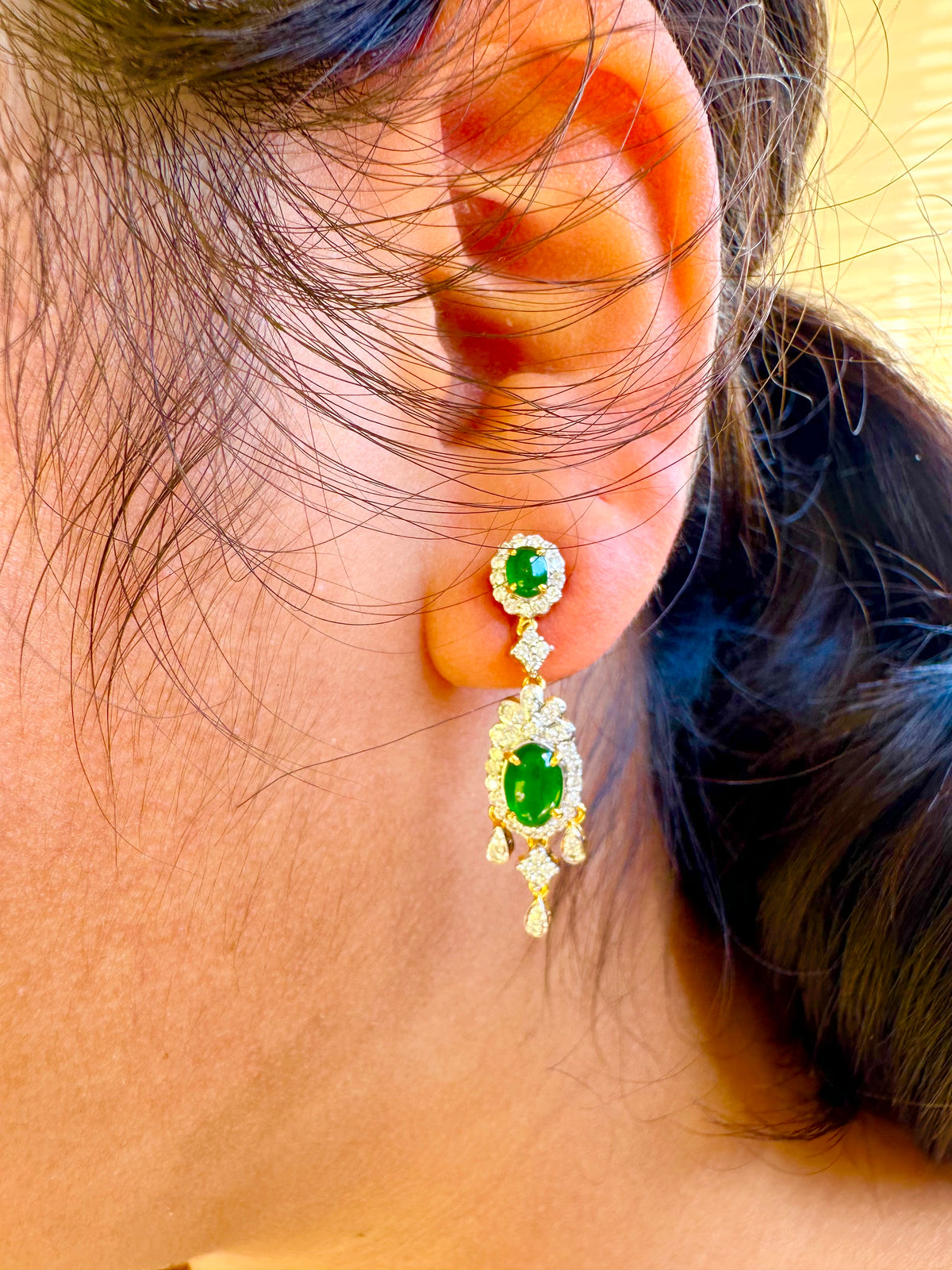 Two Step Drop Earrings Natural Untreated Burmese Jadeite with Diamonds