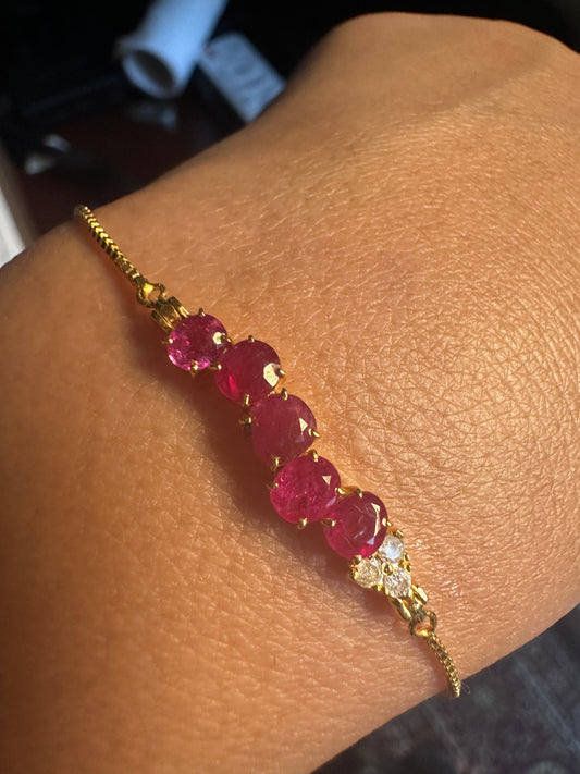 Elegant Natural Unheated Burmese Ruby & Diamond Adjustable Bracelet in 18ct Yellow Gold