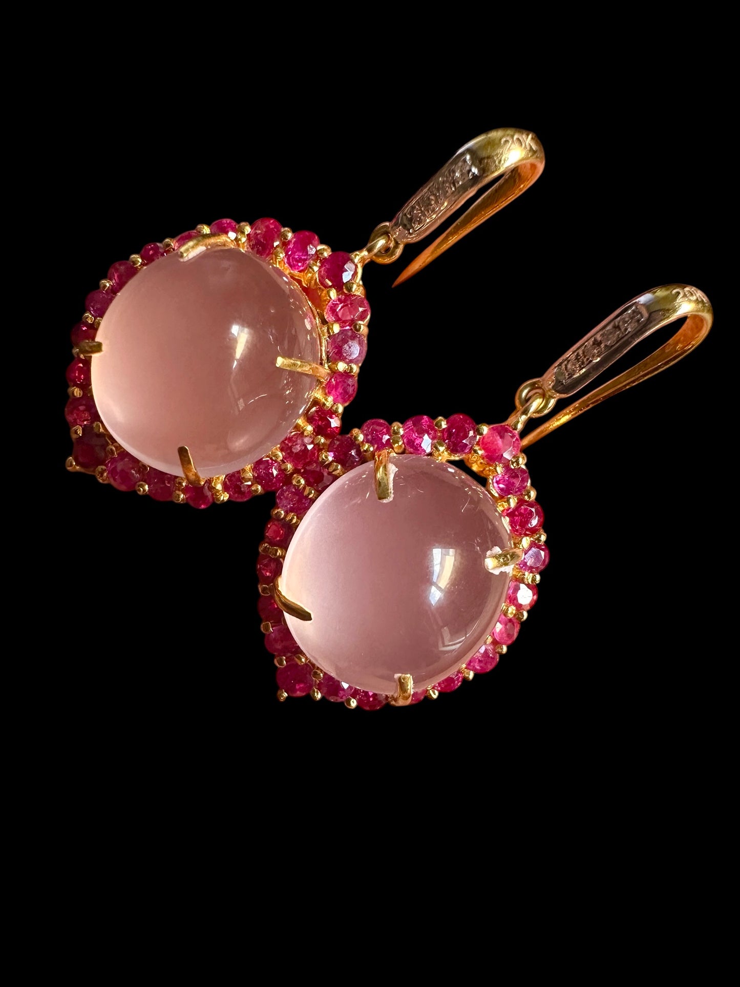 Elegant Rose Quartz & Ruby Earrings • Diamond Accented • 20ct Gold