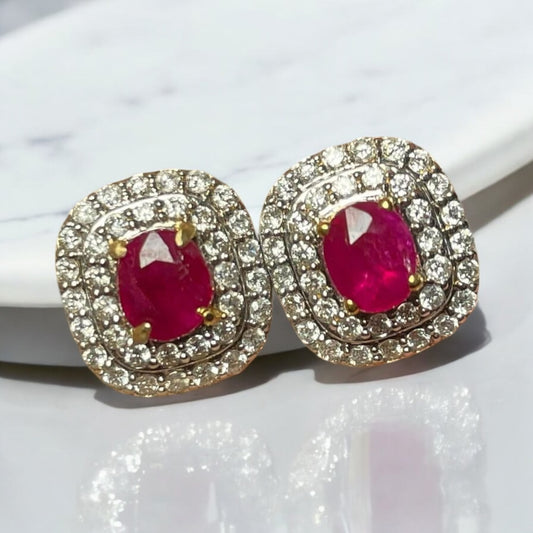 Natural unheated Burmese rubies (1.50CT) and natural diamond drop earrings in 20K solid gold
