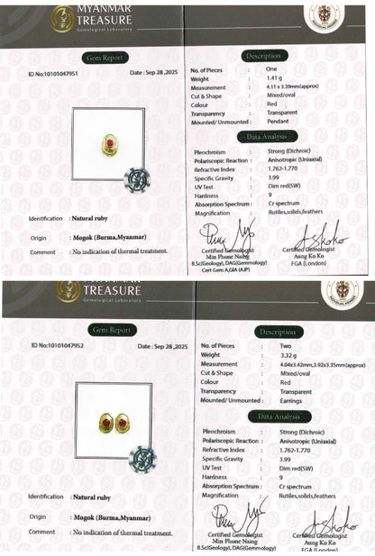 Hand-Hammered Artistic Gold and Natural Unheated Burmese Ruby Trio Set