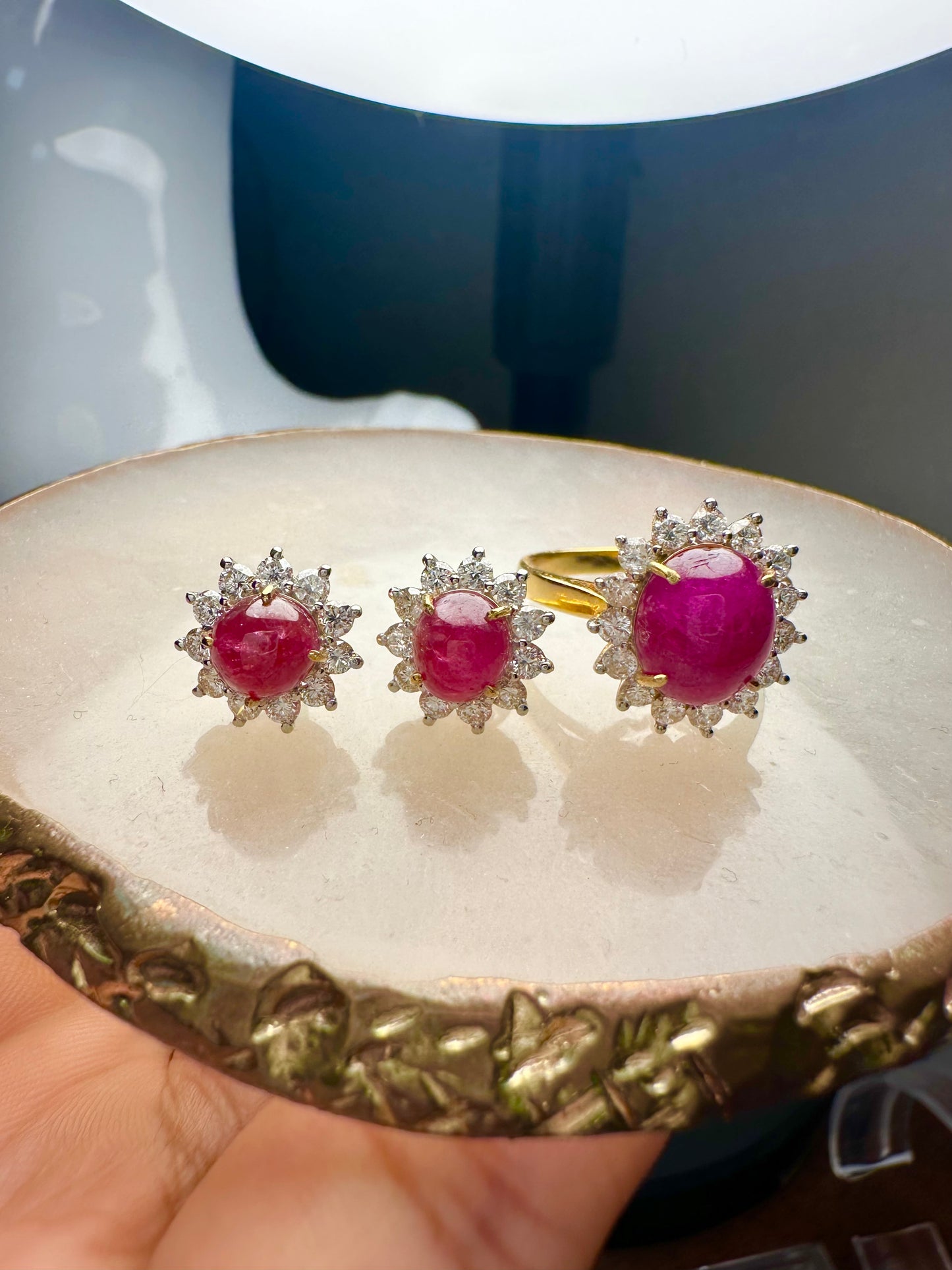 Natural Unheated Burmese Cabochon Ruby & Diamond Halo Ring | 4.67ct Ruby | 18ct Yellow Gold
