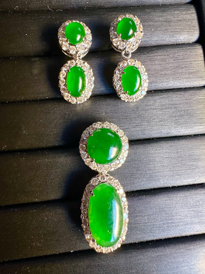 Two Step Drop Earrings Natural Untreated Burmese Jadeite & Diamonds