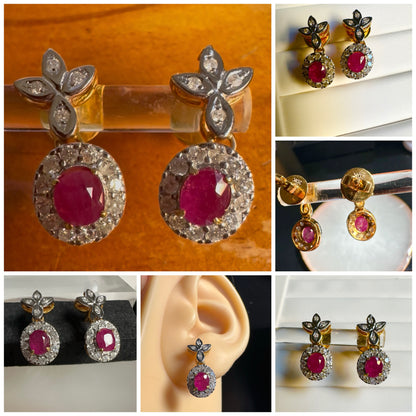 Natural unheated Burmese rubies (1.55CT) and natural diamond drop earrings in 20K solid gold