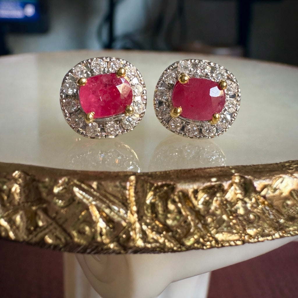 Natural unheated Burmese rubies (1.5CT) and natural diamond earrings in 20K solid gold