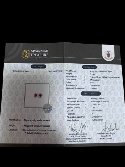 Natural unheated Burmese rubies (1.5CT) and natural diamond earrings in 20K solid gold