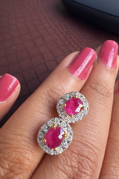 Natural unheated Burmese rubies (1.5CT) and natural diamond earrings in 20K solid gold