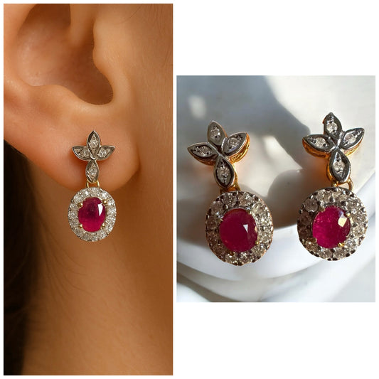 Natural unheated Burmese rubies (1.55CT) and natural diamond drop earrings in 20K solid gold