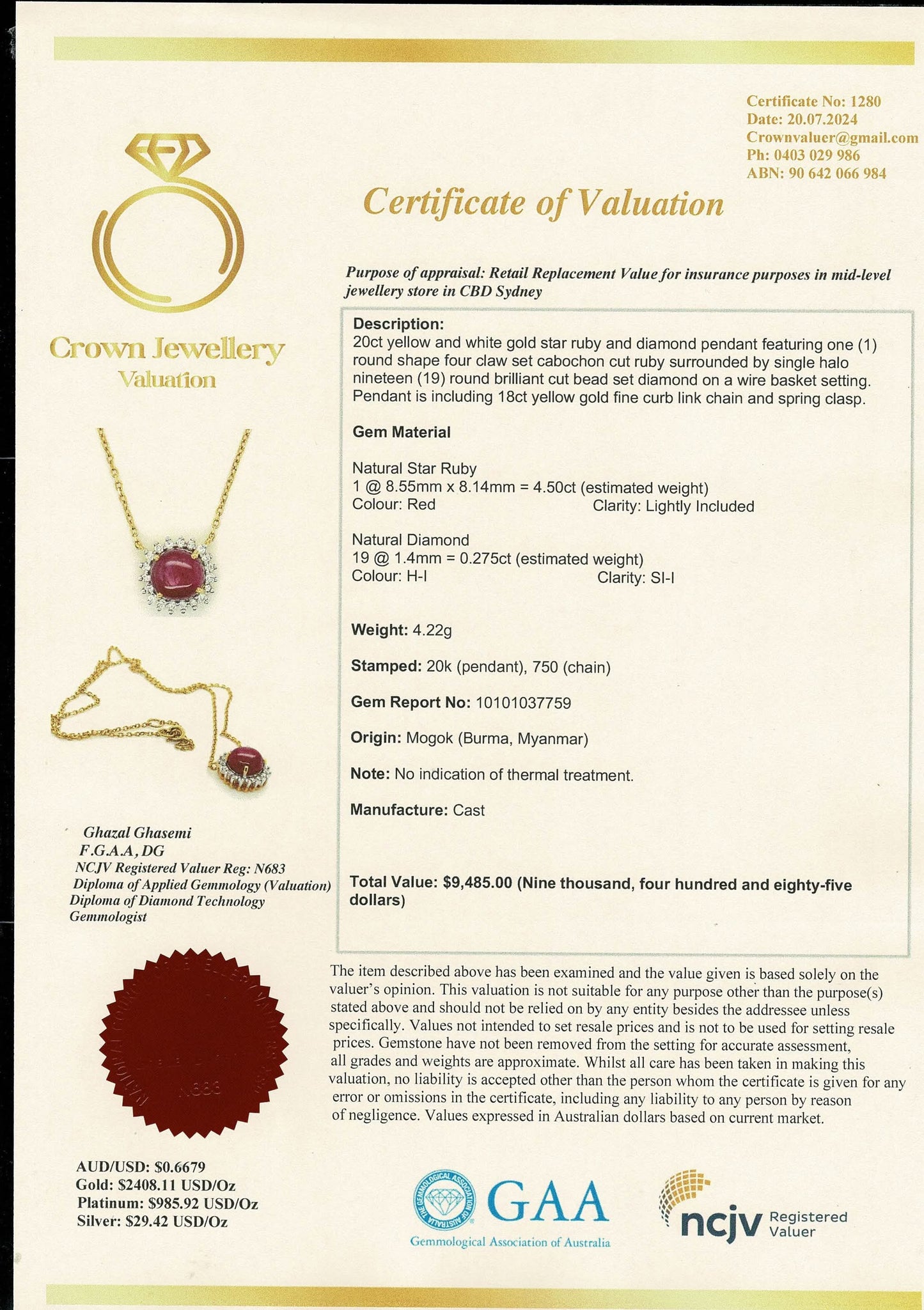 Celestial Ruby – 4.50ct Natural Unheated Mogok Star Ruby (4.5CT) Natural Diamonds & 20K Gold Pendant