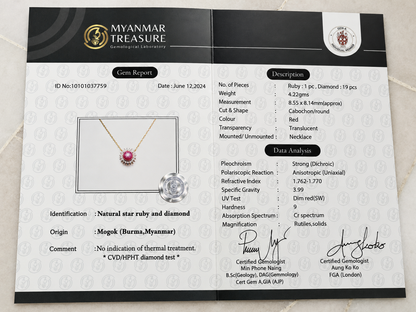 Celestial Ruby – 4.50ct Natural Unheated Mogok Star Ruby (4.5CT) Natural Diamonds & 20K Gold Pendant