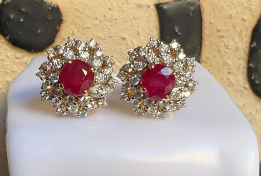2.01CT Burmese Natural Unheated Ruby and Natural Diamonds Earrings in 18K Solid White Gold
