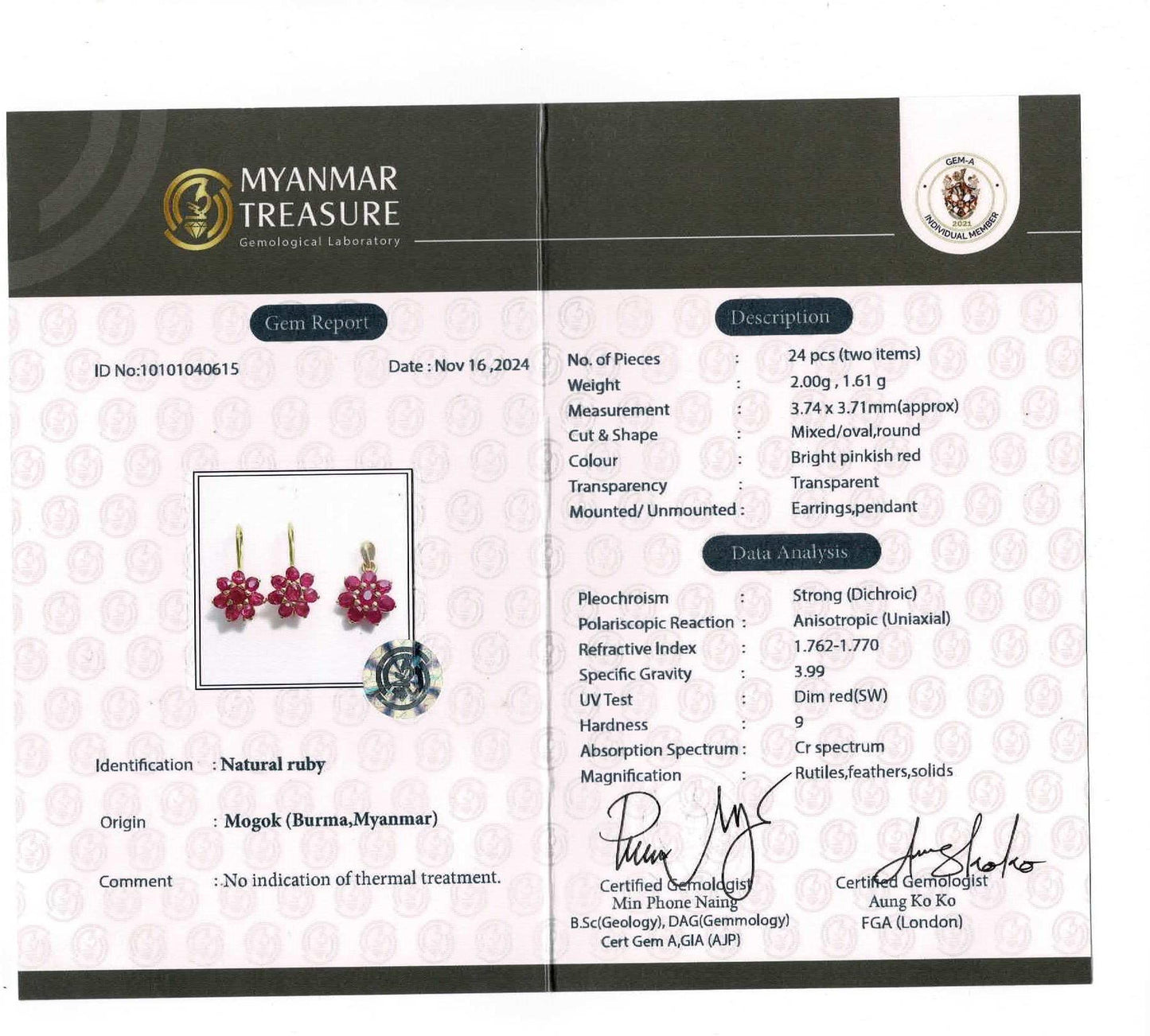 Stunning and Quality Earring & Pendant Set -Featuring Natural Unheated Burmese Ruby (4.13CT)  in 20K Solid Gold.