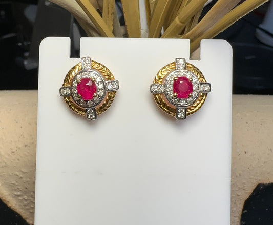 1.29CT Burma Unheated Ruby and Natural Diamonds Earring in 18K Solid Gold