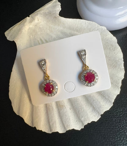 Teardrop style Natural unheated Burmese ruby (2CT) and natural diamond earrings in 20K solid gold