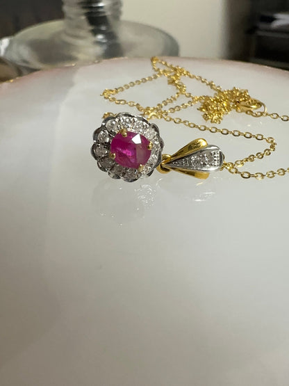 Burmese Unheated Ruby and Natural Diamonds Necklace in 20K Solid Gold
