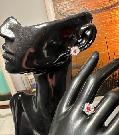 Natural Unheated Burmese Ruby and Diamond with 21K Solid Gold Earring