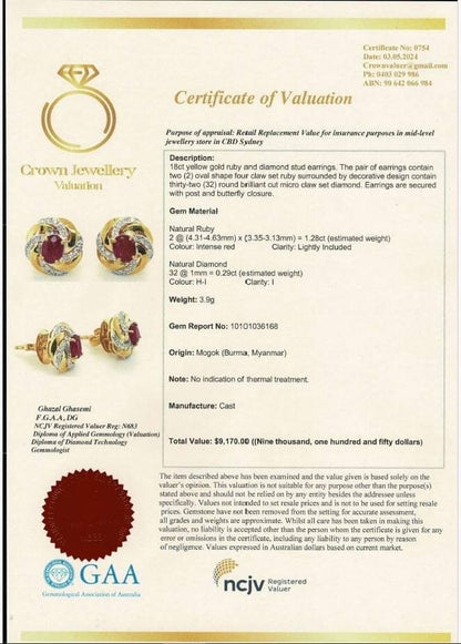 Burmese Natural Unheated Ruby and Natural Diamonds Earrings (1.28CT) in 18K Solid Yellow Gold