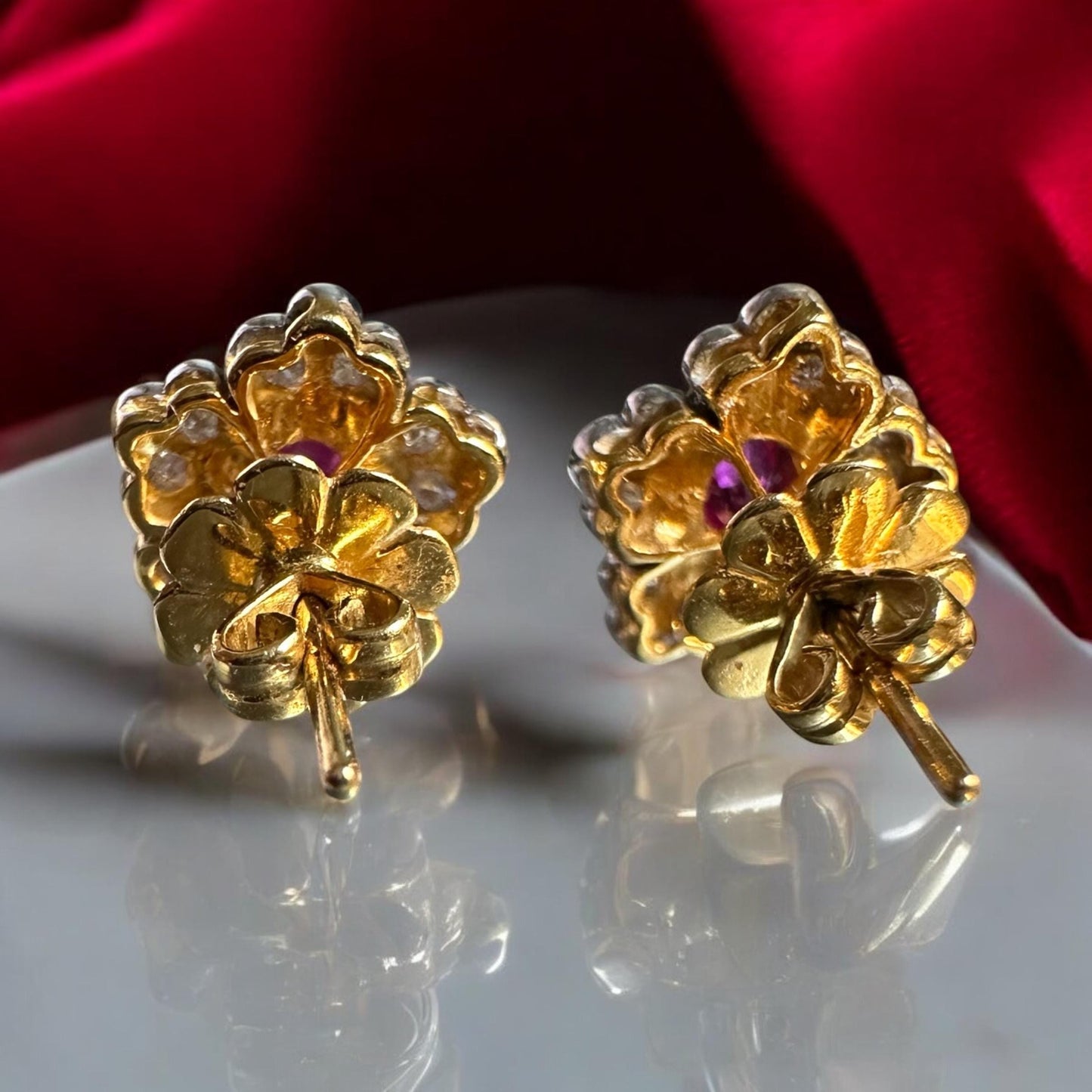 Natural Unheated Burmese Ruby and Diamond with 21K Solid Gold Earring