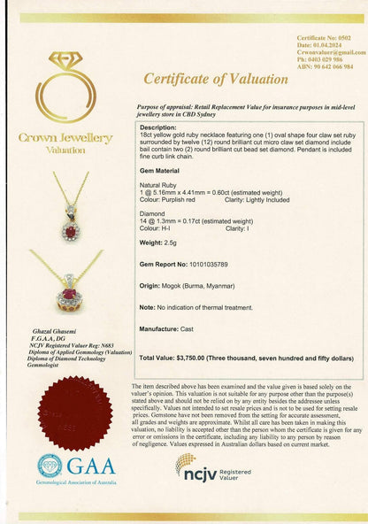 Burmese Unheated Ruby and Natural Diamonds Necklace in 20K Solid Gold