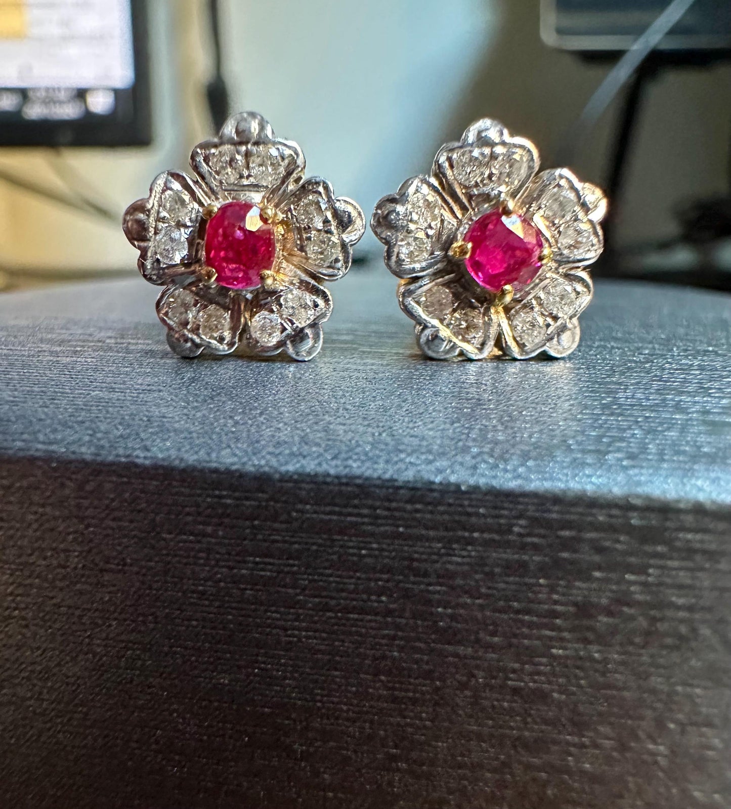 Natural Unheated Burmese Ruby and Diamond with 21K Solid Gold Earring