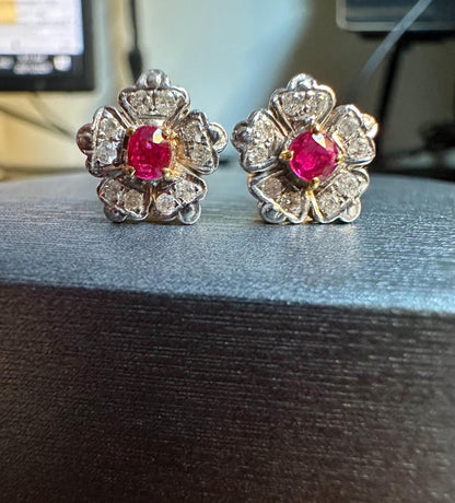 Natural Unheated Burmese Ruby and Diamond with 21K Solid Gold Earring
