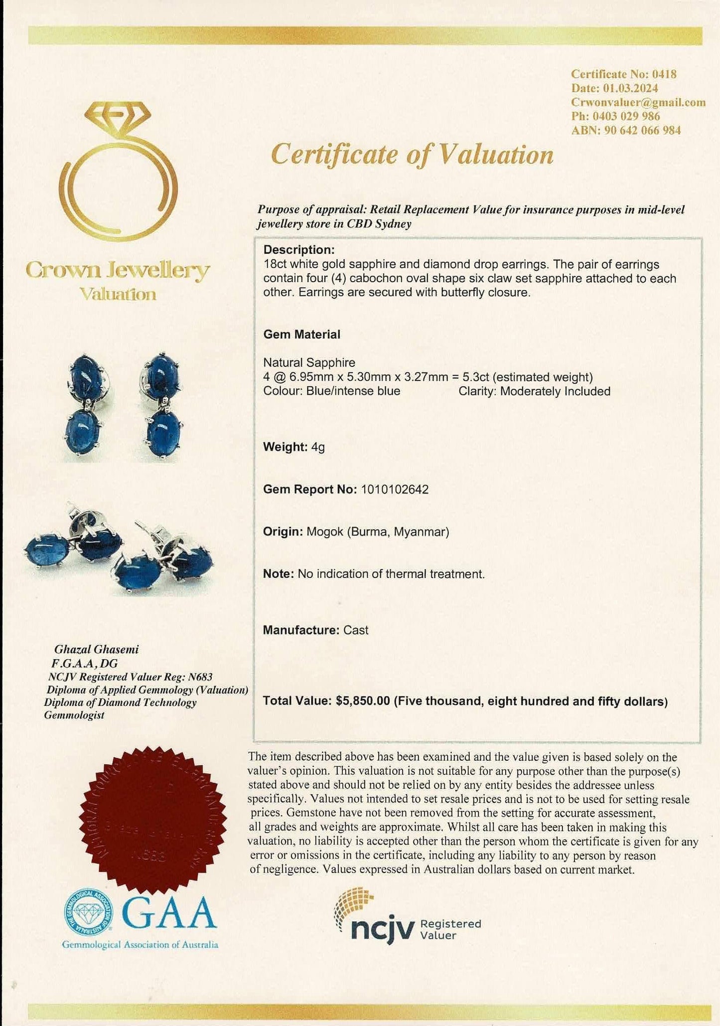 5.3 CT Natural Unheated Burmese (4) Sapphire Cabochons Earring