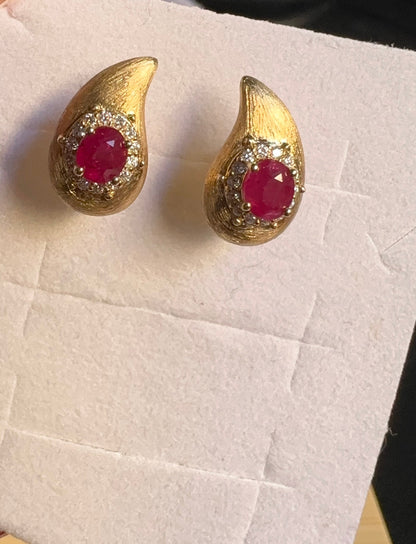Vintage Style Natural Unheated Burmese Ruby (1.18CT) and Natural Diamonds Earrings in 18K Solid Yellow Gold