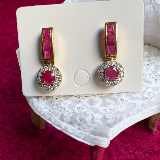 Dangle Drop Earrings with Total 2CT Natural Unheated Burmese Ruby and Diamonds in 20K Gold