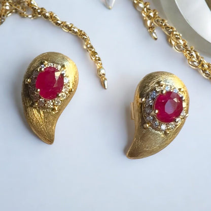 Vintage Style Natural Unheated Burmese Ruby (1.18CT) and Natural Diamonds Earrings in 18K Solid Yellow Gold