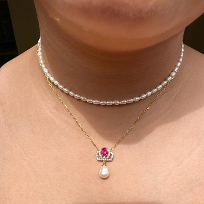 Pendant featuring a combination of Natural Unheated Ruby, South Sea Cultured Pearl and Natural Diamonds in 18K Solid Gold.
