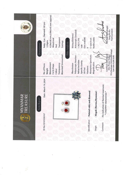 Two-step Burmese natural unheated ruby and natural diamond earrings in 18K solid gold