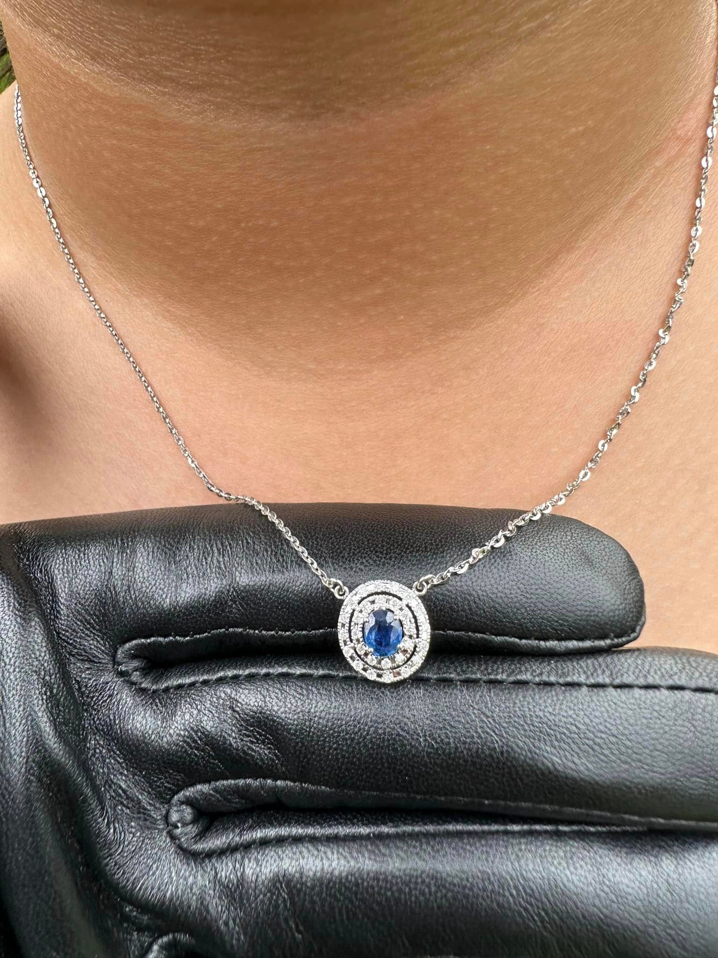 21K solid white gold with Burmese Natural Unheated Sapphire and Genuine Diamonds Necklace
