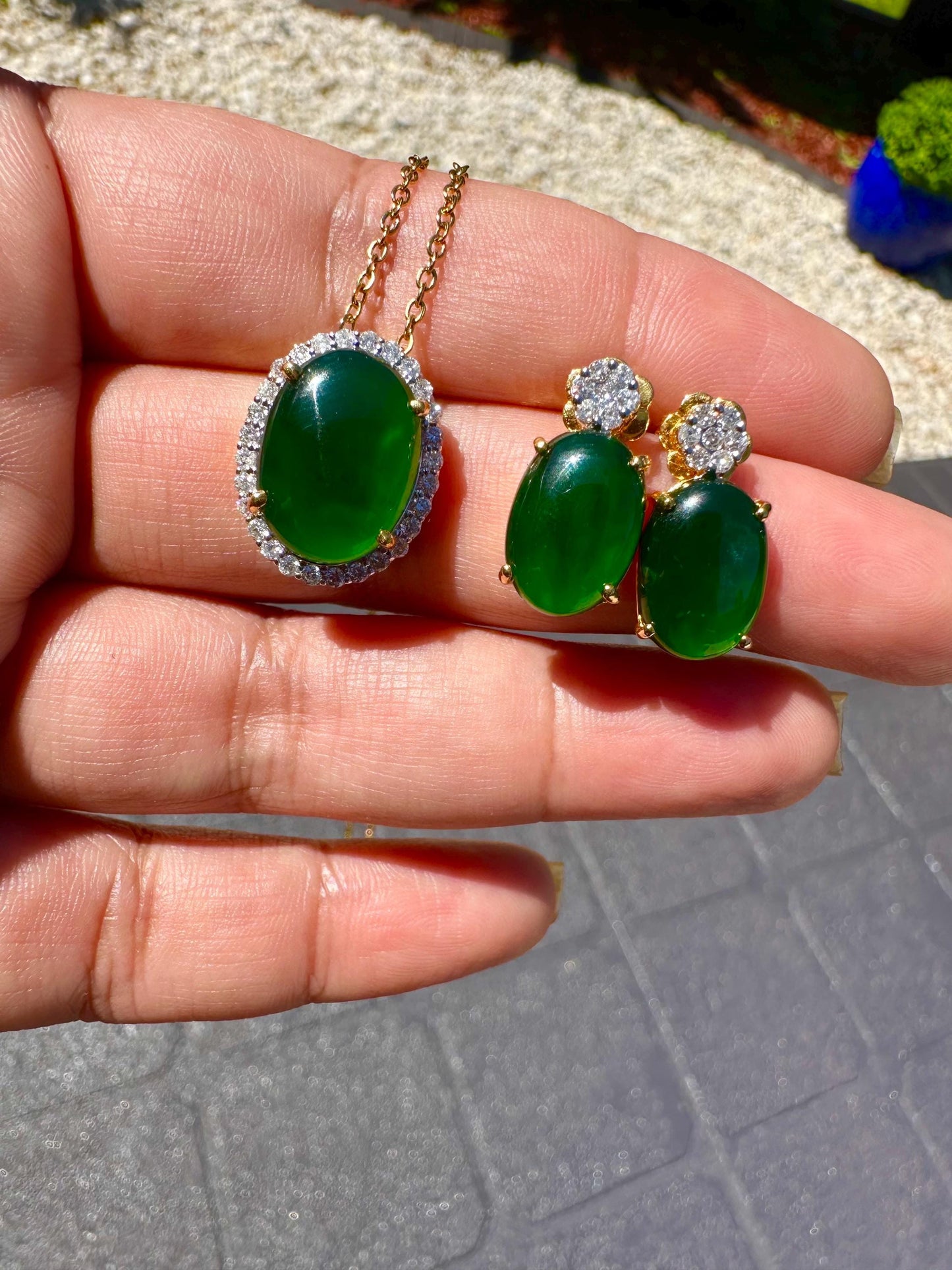 Elegant Earrings in Natural Unheated Burmese Jadeite Jade(Type A) (6.02CT) with Natural Diamonds and 18K Solid Gold.