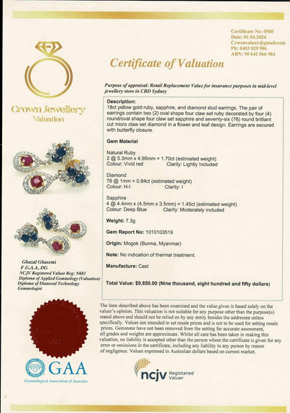 Beautiful natural untreated Burmese ruby, sapphire, and diamond (2 in 1) earring stud in 18K Solid Gold