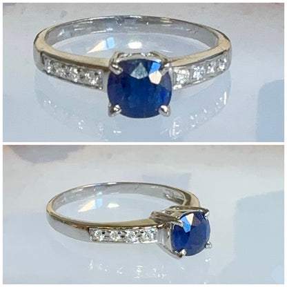 Burmese Natural Unheated Sapphire and Natural Diamonds Ring in 20K Solid White Gold